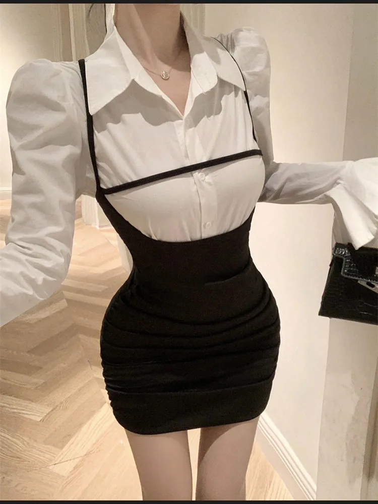 Темпераментное платье из двух частей с длинным рукавом облегающее запахом на