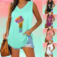 women fashion sleeveless top v neck tee shirt summer ostrich print top casual vest top laides loose tank top
