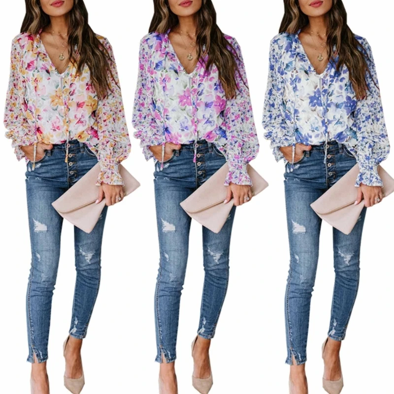 

Spring Summer Casual Woman Shirts with Floral Printed Fashion Commute Elegant V-collar Long Sleeves Breathable Blouses N7YD