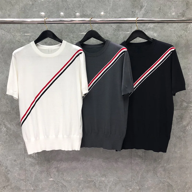 TB THOM Top Women Summer Korean Design Men T-Shirt Wool Silk Printed Diagonal Stripe Knitted Blouses Harajuku Solid T Shirts