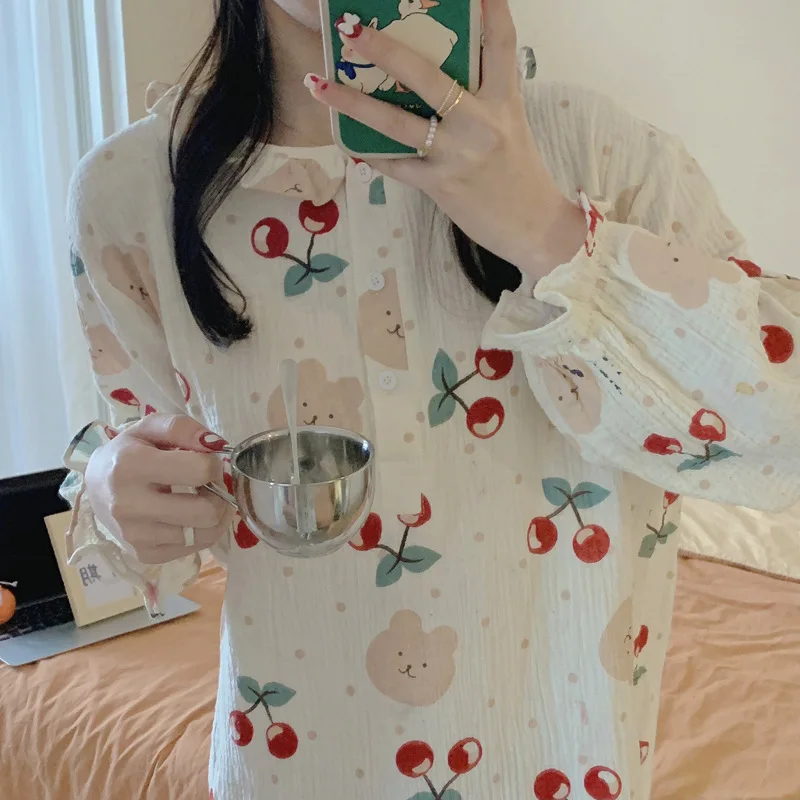 Yasuk Spring Autumn Women's Casual Lovely Print Sweet Pullover Nightdress Nightgown Pajamas Bear Cherry Lotus Sleeves Lace Soft
