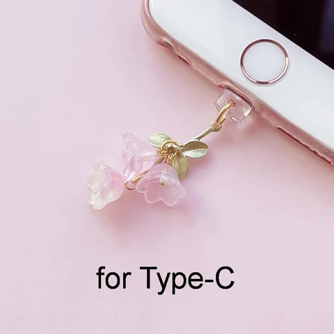 1 шт. для телефона/интерфейса Type-C, милая розовая конвалія, подвеска для телефона, цветок, зеленый лист, пылезащитная заглушка, аксессуары «сделай сам»