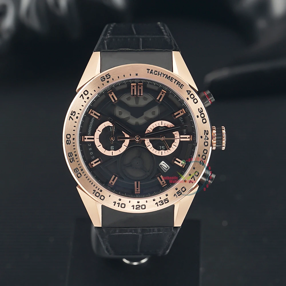 

2023 Top Rose Gold Brand 45mm Skeleton Dial Quartz Chronograph Black Rubber Strap Watch Men's Automatic Date Watch Reloj Hombre