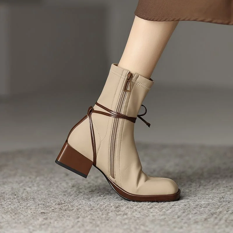 2022 Fashion Ankle Boots Thick Bottom Zipper Pu Leather Autumn Botas De Mujer Square Toe Mid-heel Winter Short Boots New