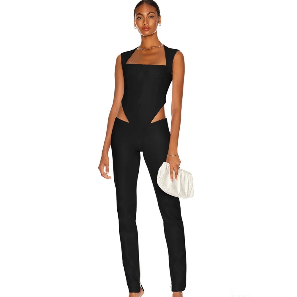 

Women Sexy Designer Hollow Out Black Bandage Jumpsuit 2021 Bodycon High Street Celebrity Tank Jumpsuit Rompers