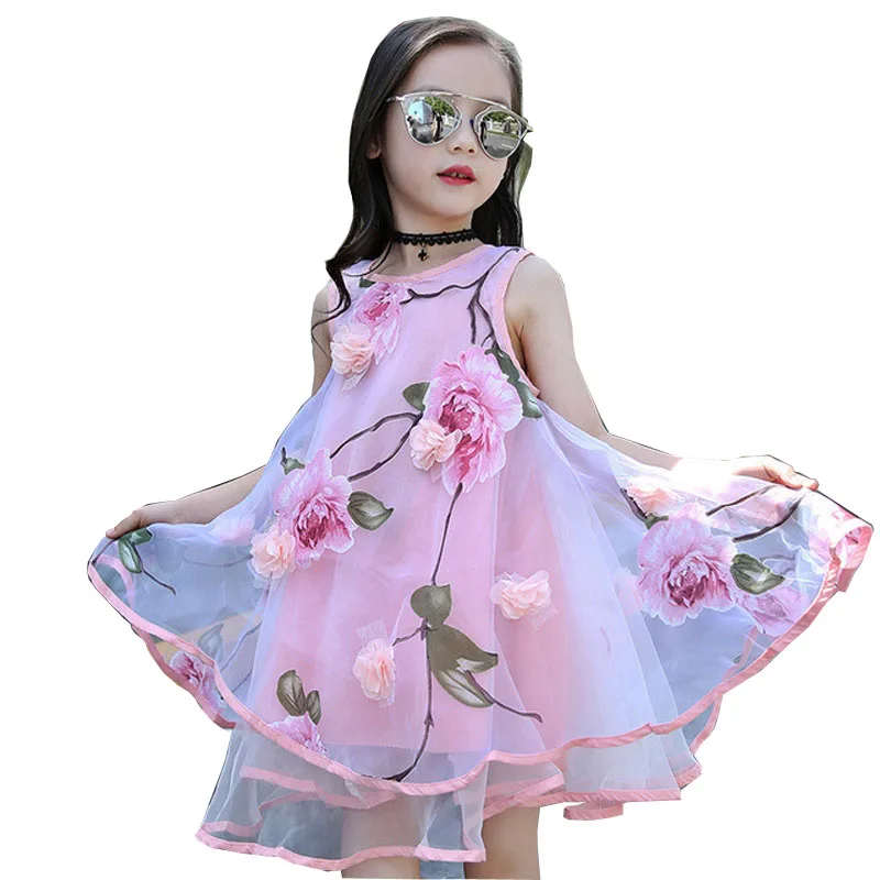 

2023 Summer Girls Kids Flower Knee Sleeveless Dress Baby Children Clothes Infant Party Dresses 6 7 8 9 10 11 12 13 14 15 years