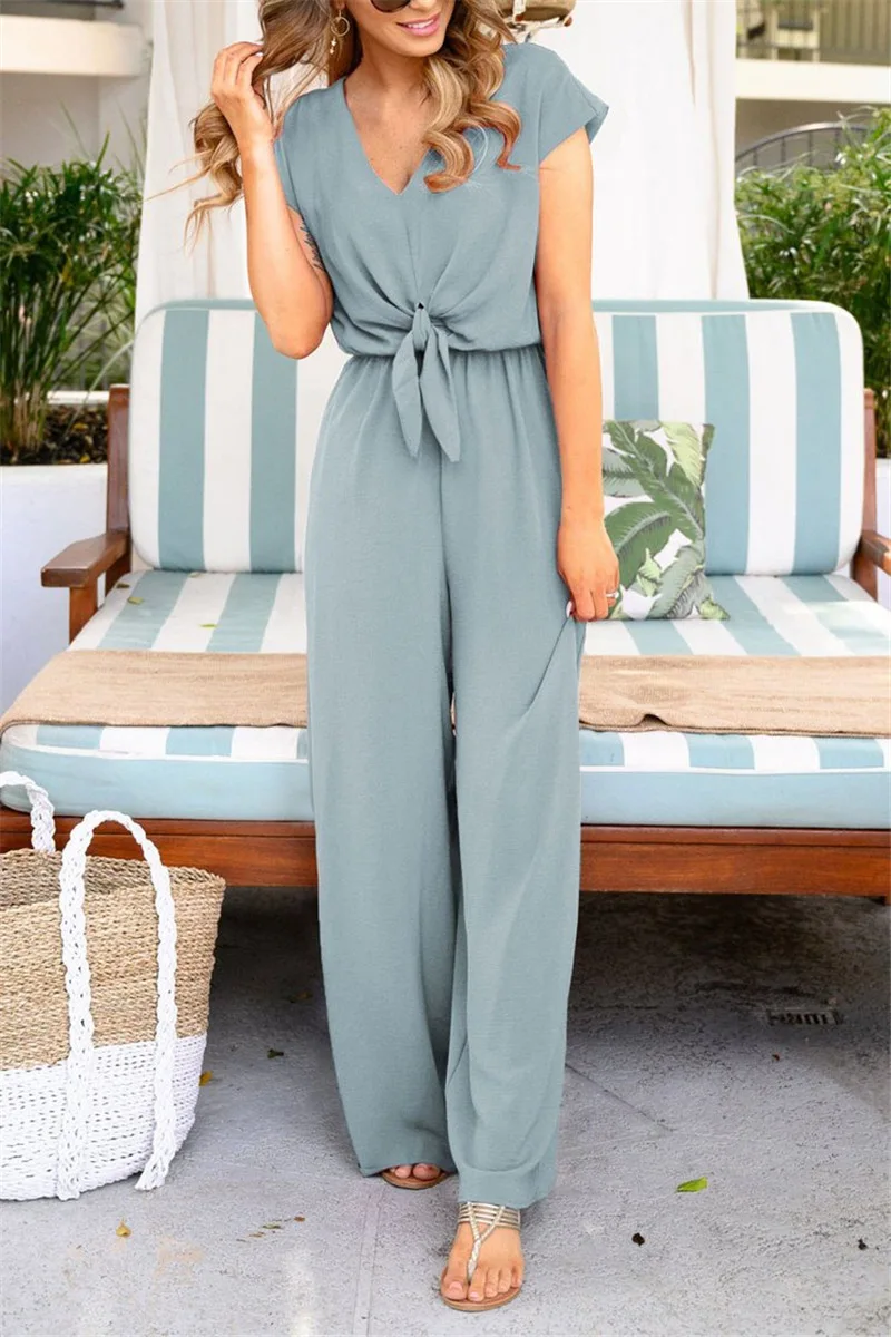 Summer V-Neck Bandage High Waist Jumpsuit 2023 Women Solid Colors Elegant Backless Short Sleeve Playsuits Casual Commute Clothes