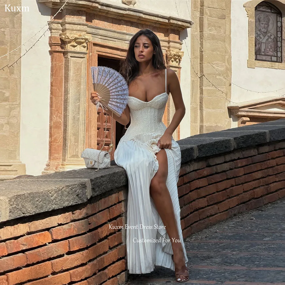 Фото Свадебное платье Kuxm Sweetheart А-силуэта с тонкими бретелями, шифоновое, с кружевными аппликациями, длиной до пола, на заказ. №1