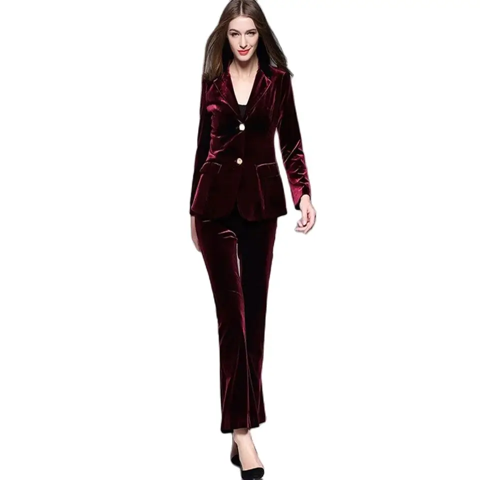 

Burgundy Velvet Women Suits Blazer Jacket+Pants Formal Ladies Pant Suits Office Uniform Style Female Trouser PantSuit