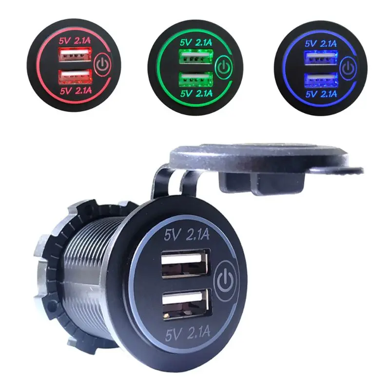 

12V 24V Dual USB 2.1A LED Car Charger Adapter With Touch ON OFF Switch Power Cable For Car Boat Marine Truck Motorcycle Camper