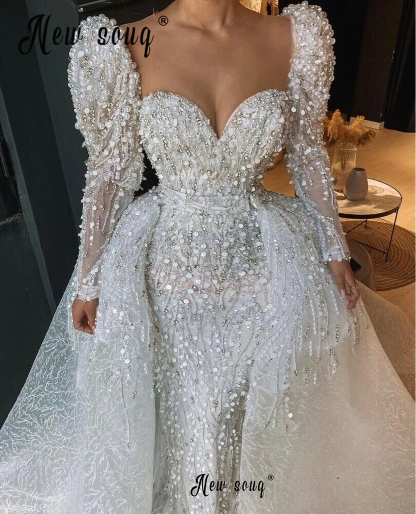 

Свадебное платье со съемным шлейфом, Роскошные свадебные платья с бусинами, глубоким V-образным вырезом и длинным рукавом, блестящее арабское платье для невесты