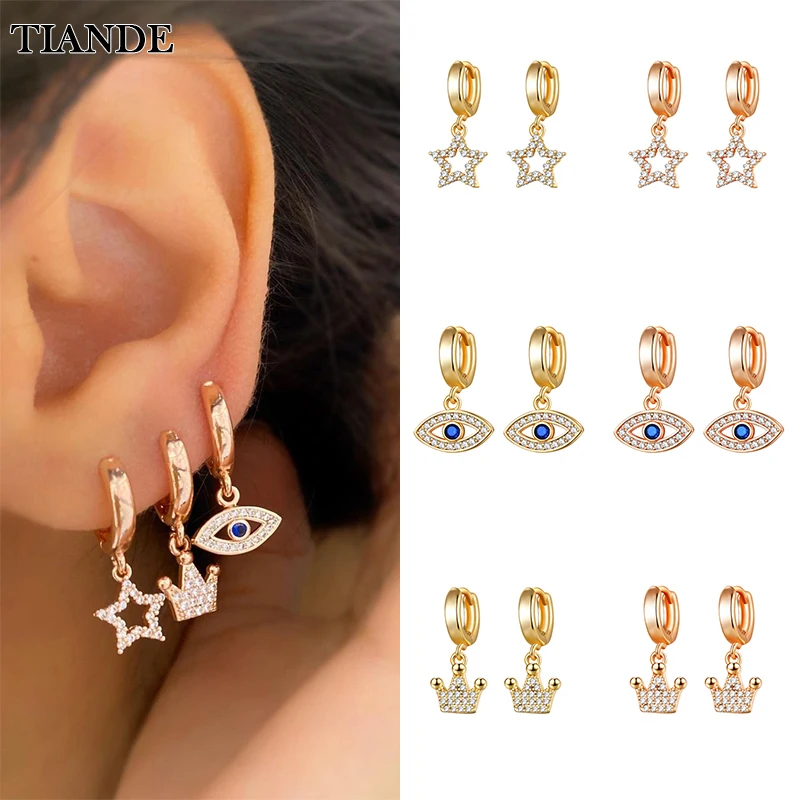 

TIANDE Silver Color Gold Plated Hoop Drop Earrings for Women Piercing Crown Star Evil Eye Dangle Earrings 2022 Jewelry Wholesale