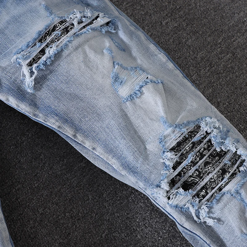 High Street Fashion Men Jeans Retro Light Blue Elastic Stretch Patched Designer Ripped Jeans Men Skinny Fit Hip Hop Brand Pants