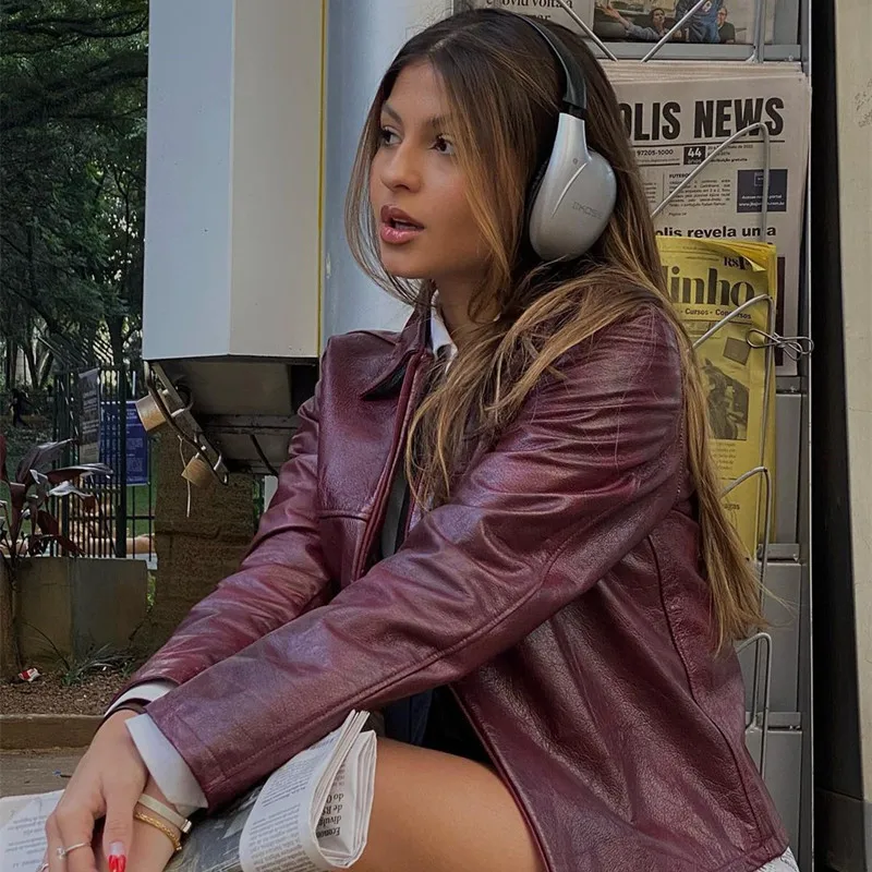Retro Street Style Lapel Leather Jacket Female Autumn and Winter New Long-Sleeved Zipper Trendy Fashion Versatile Jacket