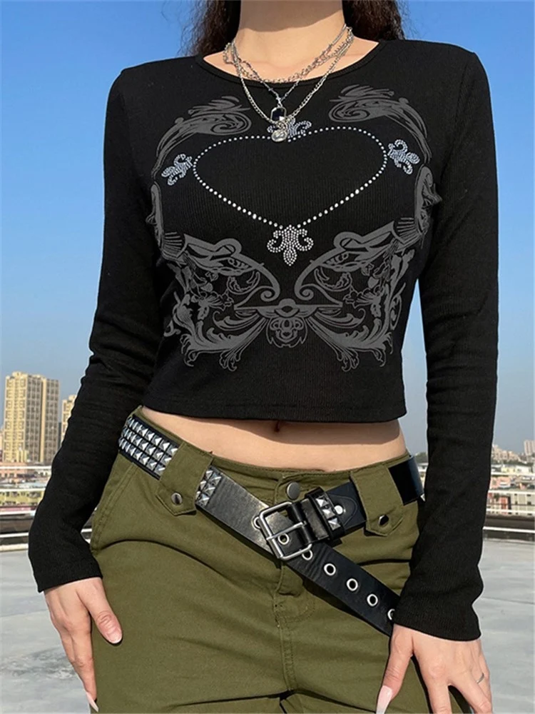 

Spring Fashion Slim Print Heart Rhinestone Gothic Long Sleeve Graphic Tee Shirt Women Skinny T-Shirt Girl Crop Top Y2k Vintage
