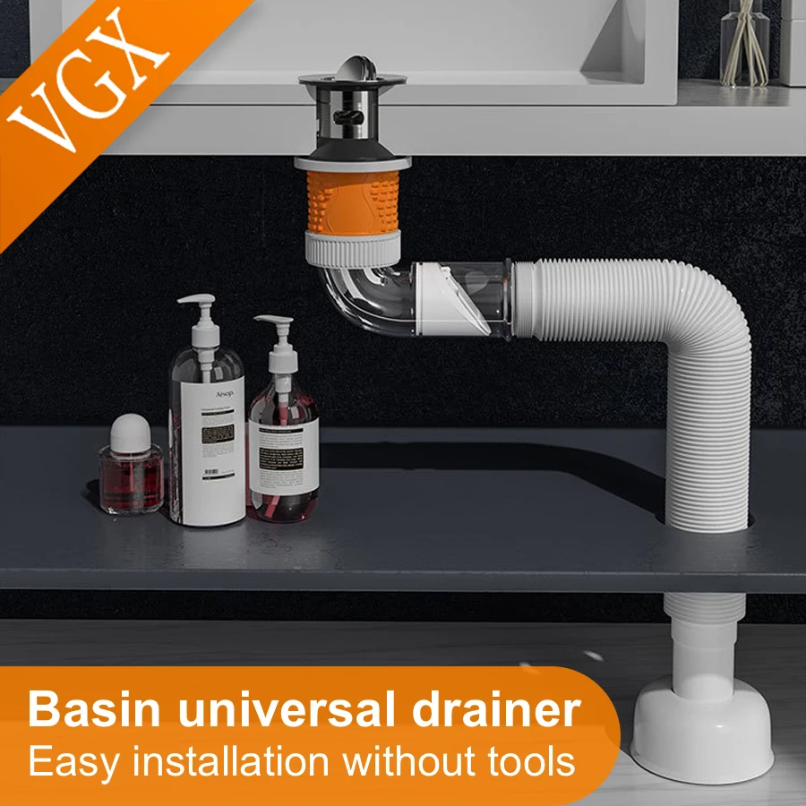 

VGX Anti-odor Telescopic Sewer Strainer Drain Pipe Sink Deodorant Launch Pipeline Washbasin Bathroom Kitchen Hose Waste Pipe