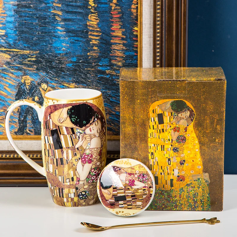 

Kiss Oil Painting Mug Large Capacity Bone China Cup Creative Personality Trend Ceramic Couple Cup With Spoon Gift Box