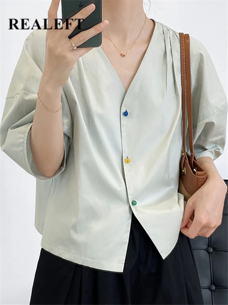 

REALEFT 2022 New Summer V-Neck Women's Blouse Puff Sleeve Single Breasted Candy Buttons Korean Style Shirts Chic Tops Female