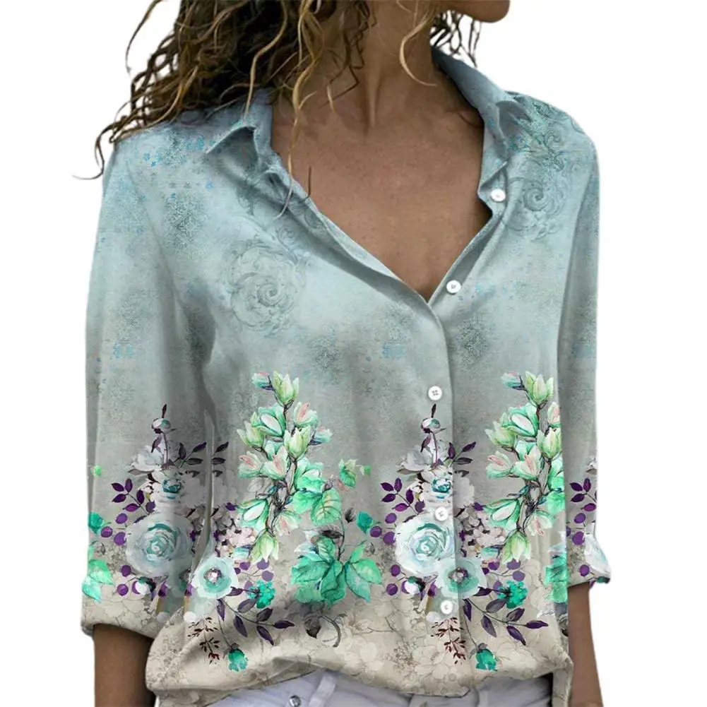 

Chic Shirt Blouse Lapel Quick Drying Shirt Top Flower Print Shirt Top