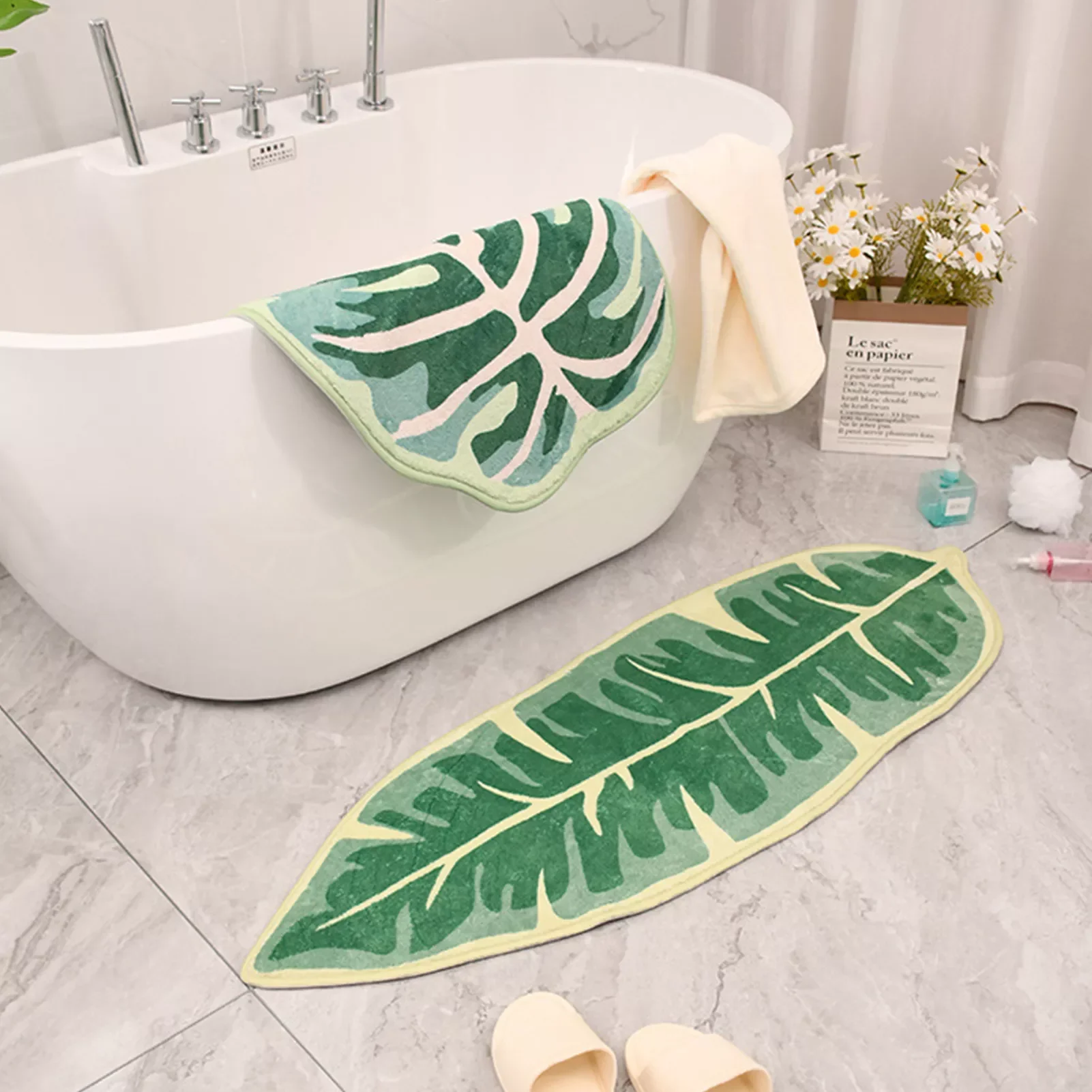 

Modern Leaf Pattern Bathroom Toilet Waterproof Mat Microfiber Bath Mat Leaf Green Tropical Plants Home Door Non-slip Foot Mats