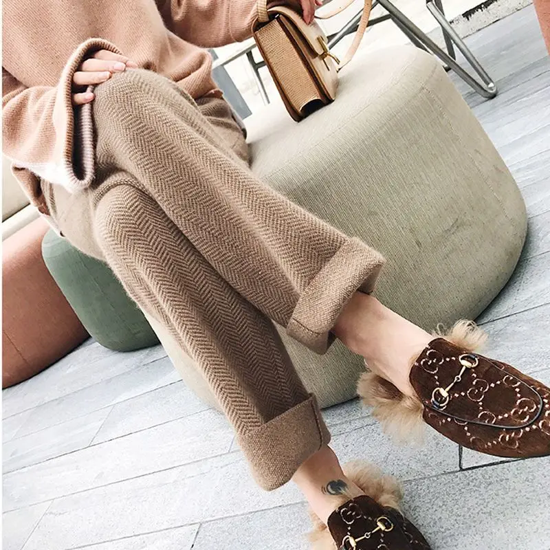 

Women 2022 Autumn Winter Fashion High Waist Casual Pants Female Solid Color Woolen Trousers Ladies Loose Wide Leg Pants T33