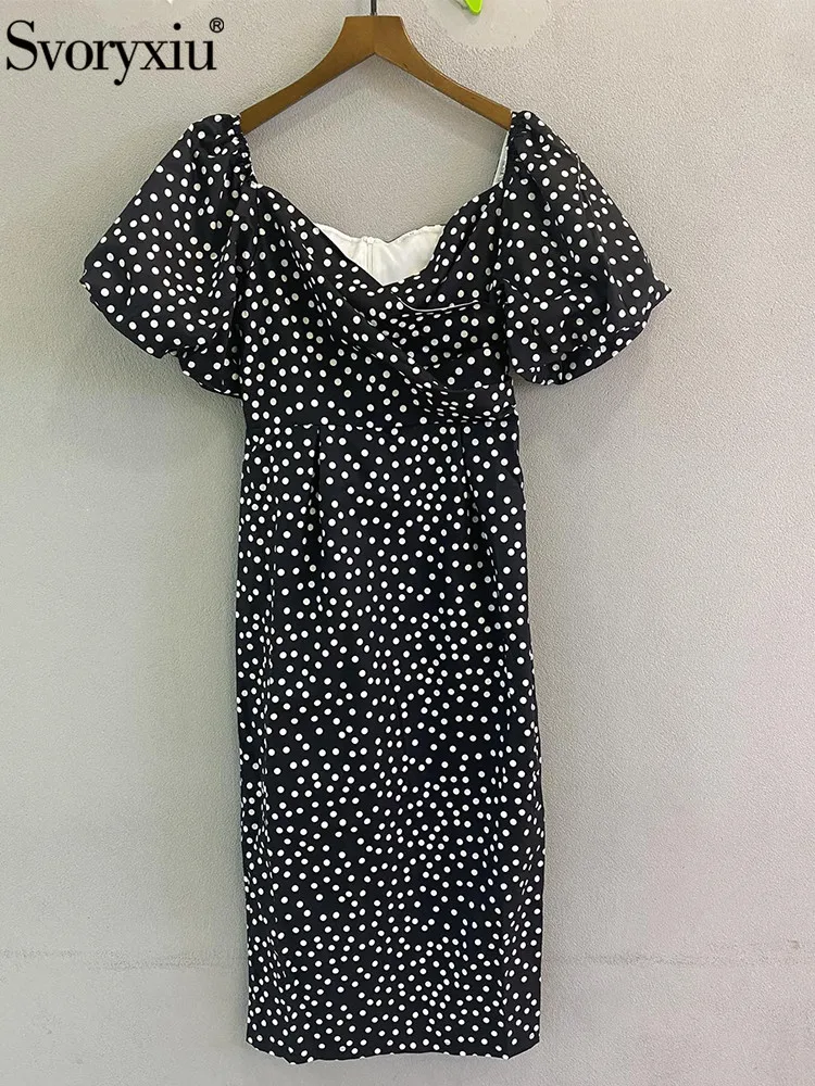 

Svoryxiu Designer Summer Fashion Gorgeous Vintage Midi Dress Women's Square Collar Puff Sleeve Polka Dot Holiday Party Dress