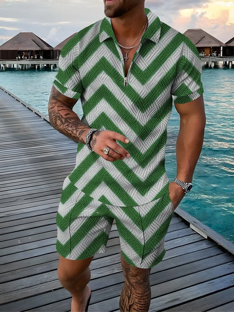 Summer Men Tracksuit Fashion Plaid Printed Polo Shirt+Shorts Suit 2-Piece Street High Quality Retro Casual Men's Polo Shirt Set