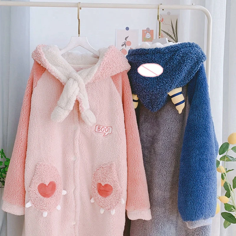 Winter Warm Flannel Women Pyjamas Coral Fleece Long Sleeve Cartoon Cosplay Sleepwear Bath Robe Pajamas and Pants Set Sleep Wear