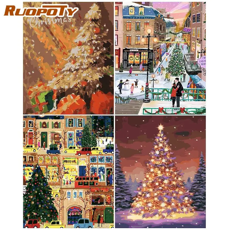 

RUOPOTY Oil Painting By Number Landscape Kits For Adults Handpainted DIY Coloring By Number Christmas tree On Canvas Home Decor