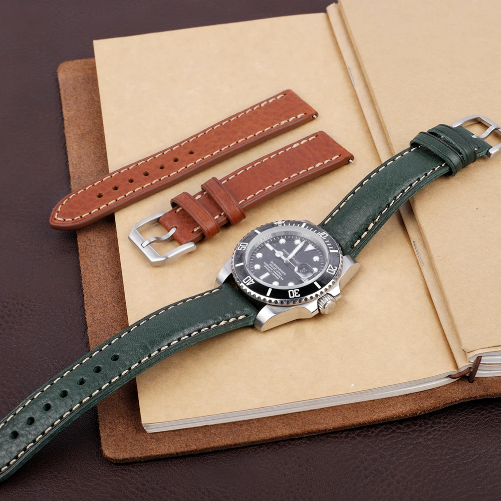 Lychee Pattern Italian Genuine Leather Watch Strap 20mm 22mm Handmade Vintage Watch Bands Brown Green Watch Replacement for Men