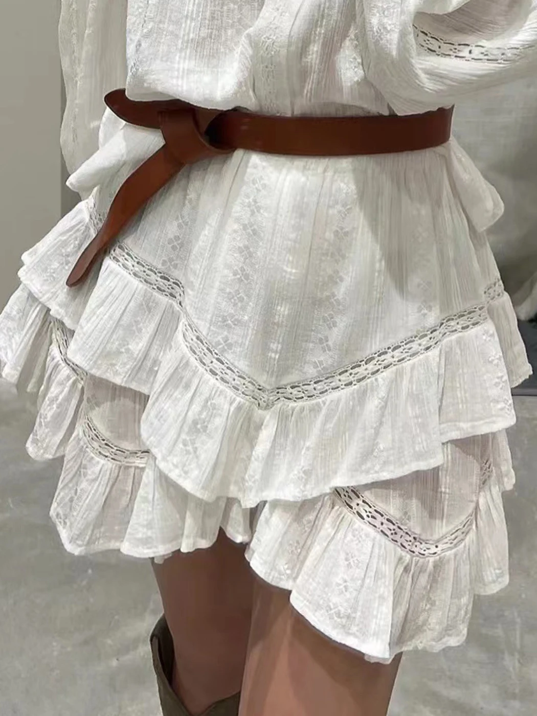 

French Cascaded Ruffle Cake Skirt Women Summer Lace Patchwork Elastic Waist Mini Skirts Vintage Sexy Chic Jupes Female 2022