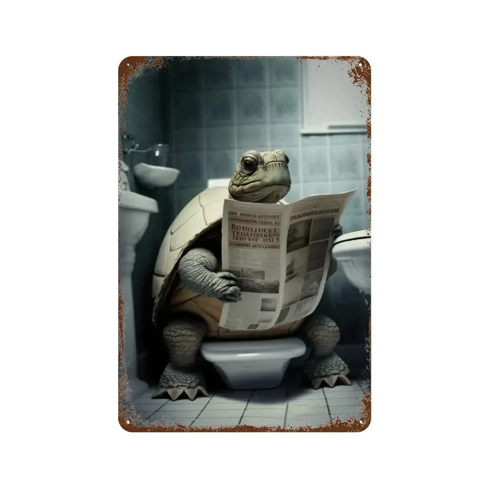 Funny Bathroom Humorous Animal Wall Decor Bear Dog Tiger Sitting on Toilet Reading Poster Art Metal Tin Sign Plaque Home