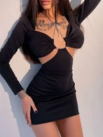 sexy v neck bling lace up long sleeve hollow out mini dress women 2022 spring summer bodycon party club black dresses streetwear