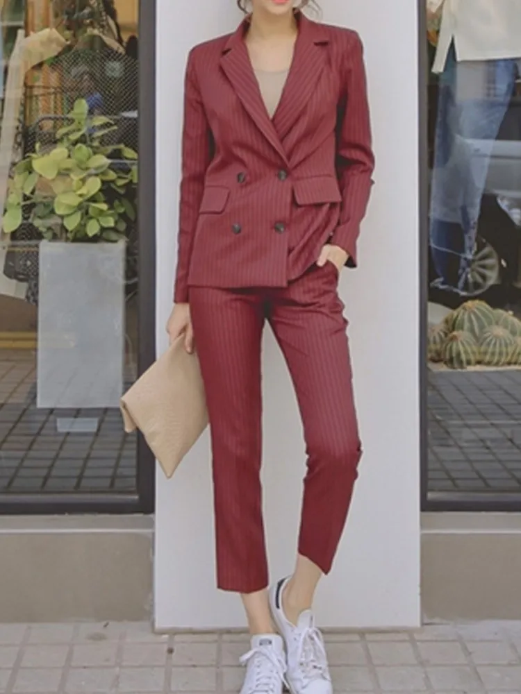 

Women's Spring Elegant Casual Blazer Pantsuits Striped Jacket & Pencil Pant 2 Piece Set Lady Formal Business Trouser Suit