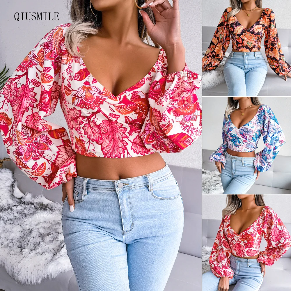 

Long Sleeve Women Blouses 2022 V-neck Collar Blouse Shirt Casual Floral Color Top Holiday Elegant Lantern Chiffon Shirt Crop Top