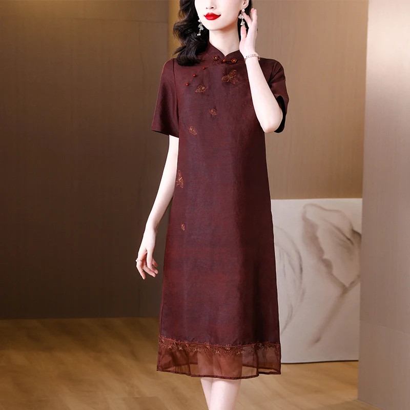 

Высококачественное шелковое платье с принтом, женственное платье большого бренда, благородное платье-Ципао из шелка тутового шелкопряда для маленьких мам