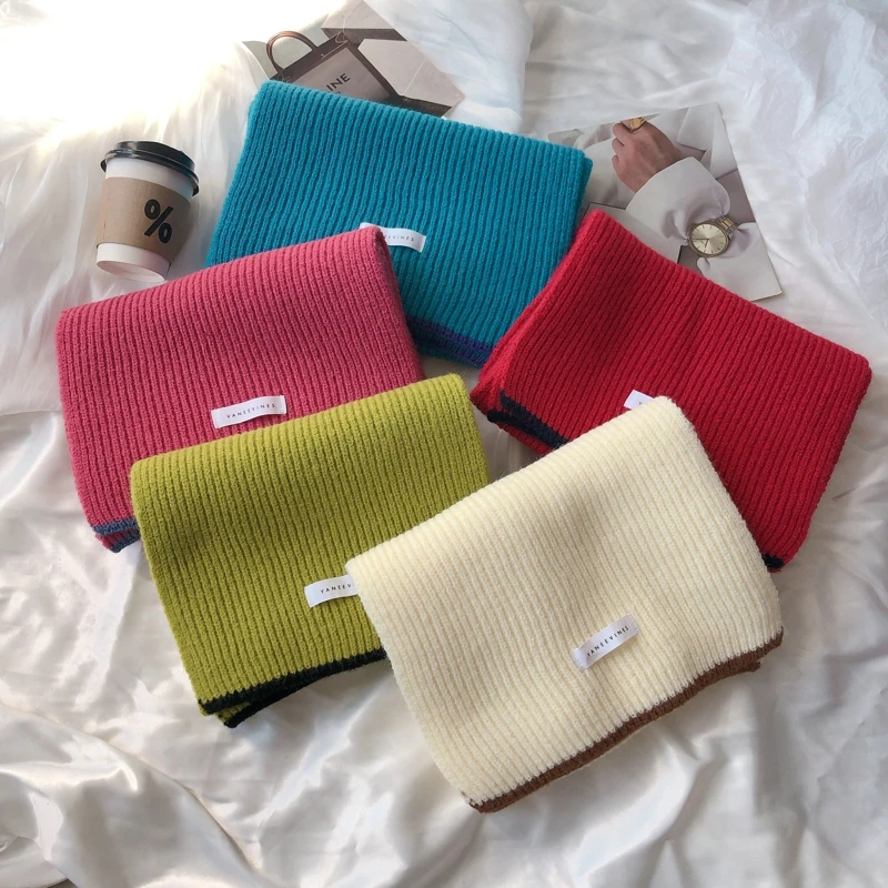 

Pure Color Stripe Knitted Scarves Women Winter Thicken Warm Soft Letter Label Shawls Wraps Knitted Long Scarf For Women