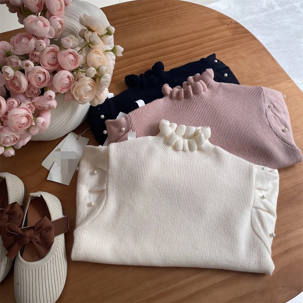 

Свитеры для девочек, универсальная детская одежда на осень и зиму, полувысокий воротник, сетчатая пряжа с жемчужинами, милый свободный свитер в полоску