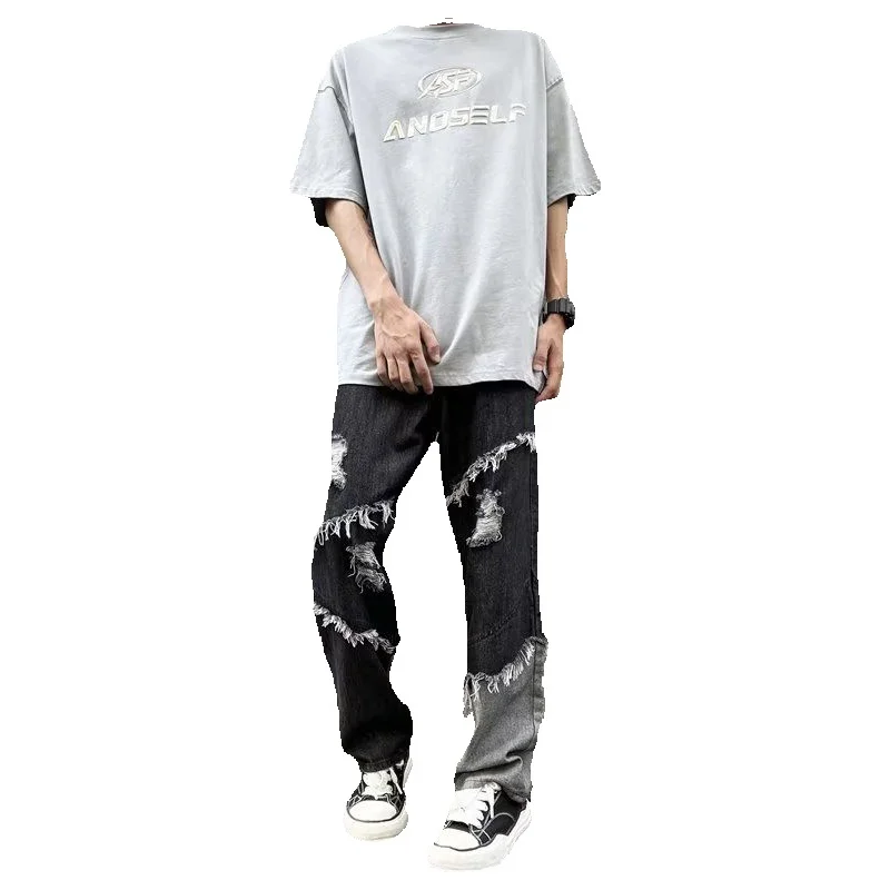 Ripped Black Baggy Jeans Men Fashion Retro Casual Straight Jeans Men Streetwear Hip Hop Loose Hole Denim Pants Mens Trousers