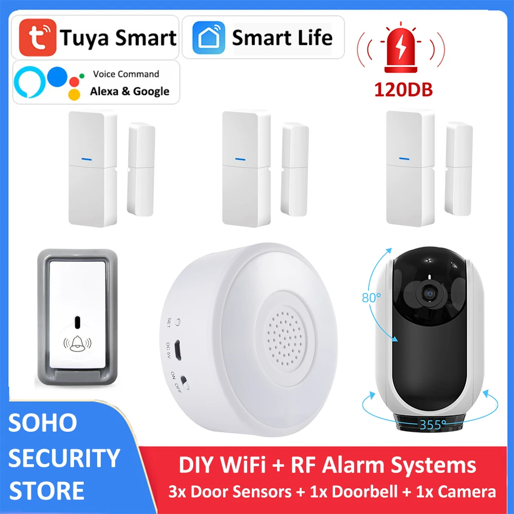 Tuya Smart Home Door Sensor Doorbell Security Alarm System WiFi+RF Siren Hub with 3MP Wireless Alexa Google ONVIF IP CCTV Camera