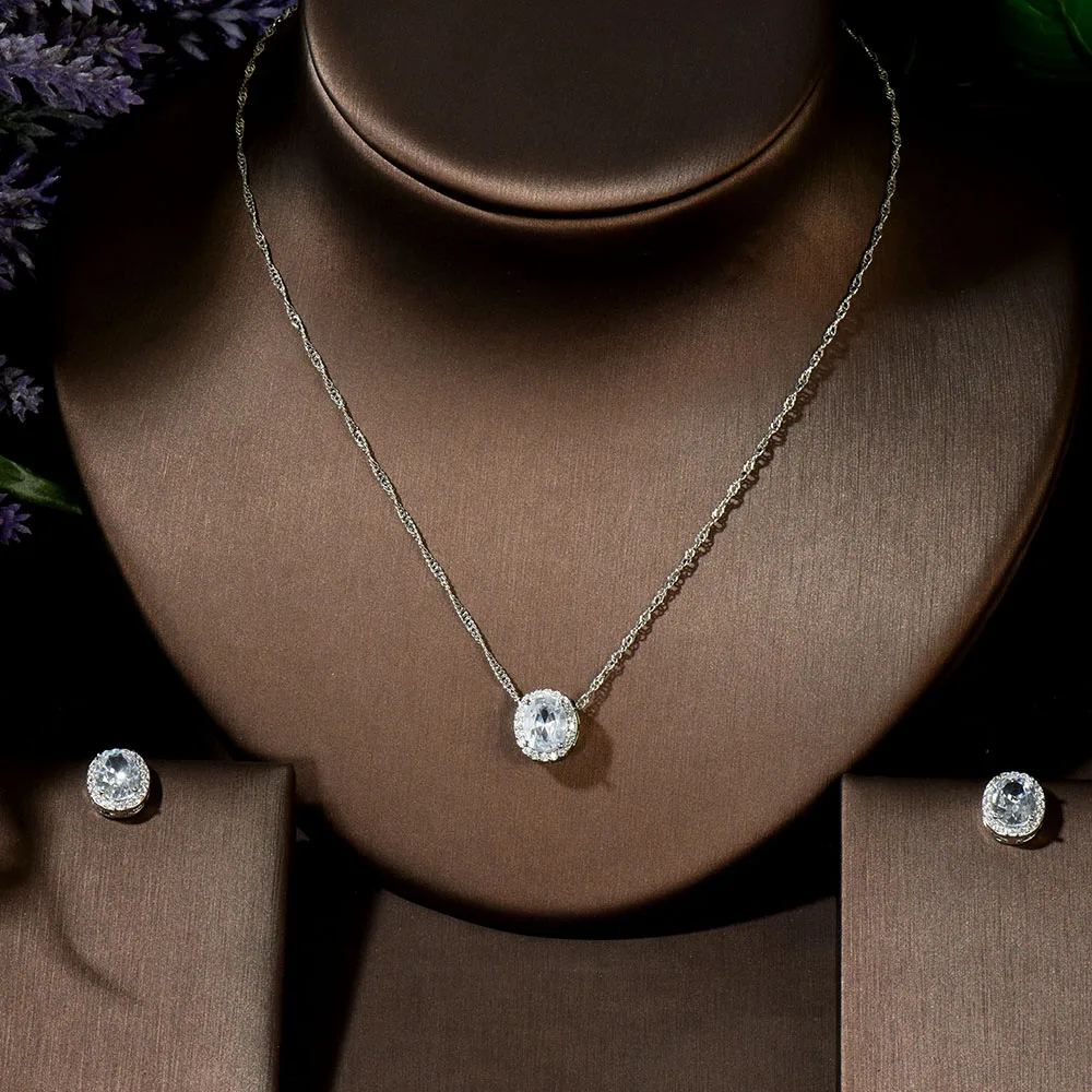 

Fashion Shiny CZ Zircon Simple Design Round Shape Pendant Necklaces Earring Set Chain Women Gift Female Fashion Jewelry N-263