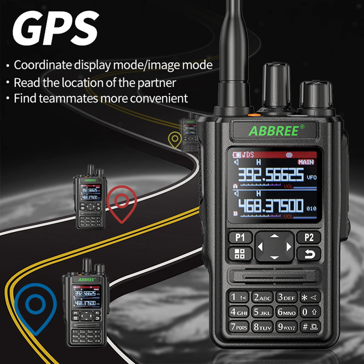ABBREE AR-869 GPS 6 Bands Amateur Ham Two Way Radio 256CH Air Band Walkie Talkie Bluetooth VOX SOS DTMF LCD Color Police Scanner