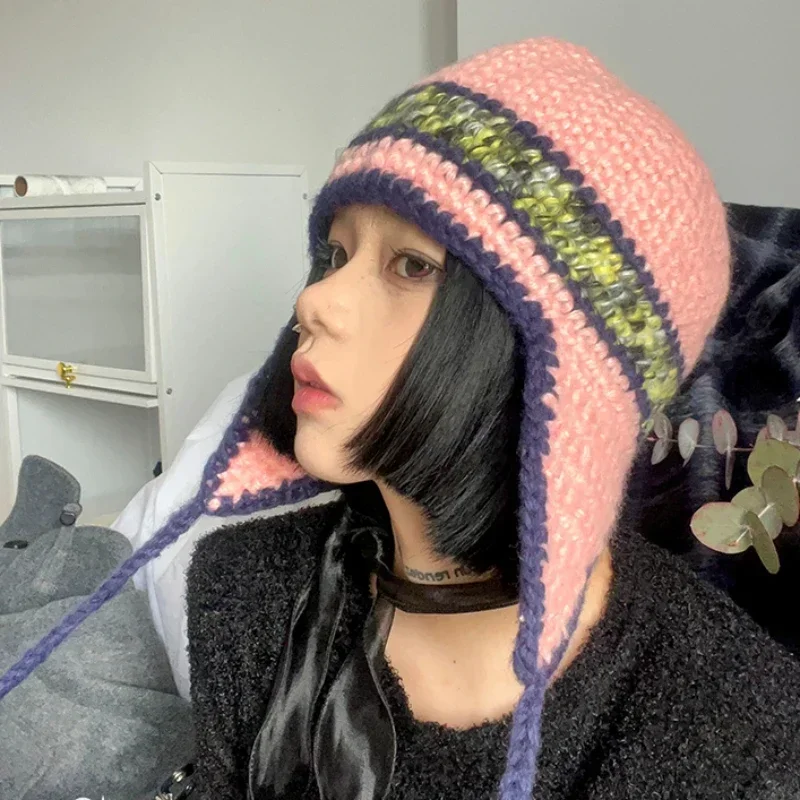 Нишевые защитные наушники контрастного цвета вязаные шапки-бомберы женские