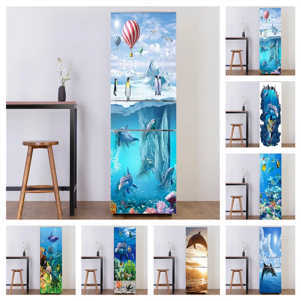 

Custom Ocean Fridge Stickers Door Cover Wrap Full Refrigerator Wallpaper Freezer Decoration Film Wall Poster Kitchen Mural Fish