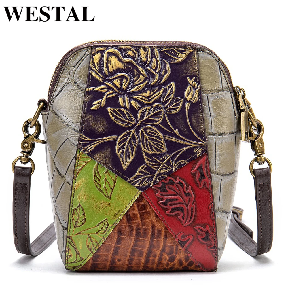 

WESTAL Leather Mini Shoulder Bag for Women Handmade Women Embroidered Purse Cellphone Pouch Crossbody Bag Women's Messenger Bags