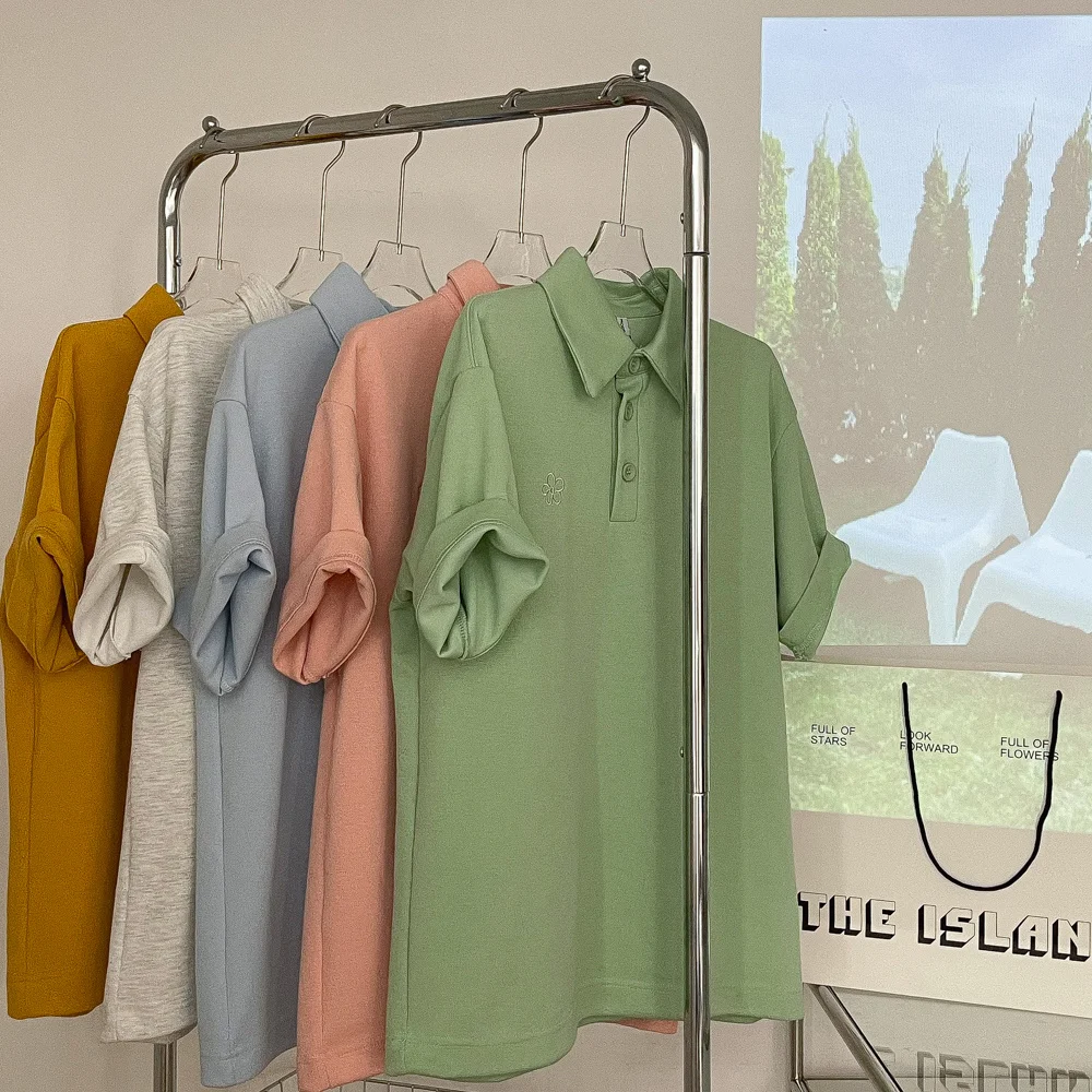 

Lapel Solid T-shirt Green Pink Gray Blue Khaki Summer Short Sleeve Polo's Neck Women Tops