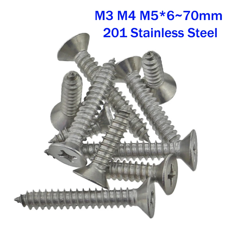 

10Pcs 6~70mm Cross Recessed Tapping Countersunk Head Screw 201 Stainless Steel Lengthen Screw Furniture Bolt M3 M4 M5