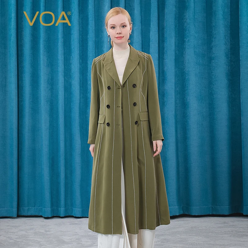 

VOA 30m/m Heavy Silk Mustard Green Lapel Double-breasted White Arch Needle Cover Bag Long Sleeve Business Trench Coat FE76