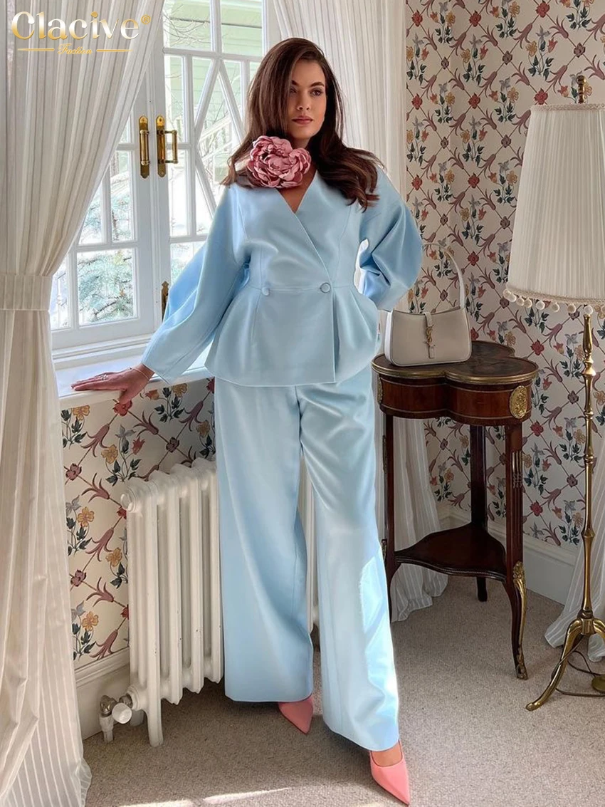 

Clacive Fashion Loose Blue Office Womens 2 Piece Outfit Set 2023 Winter Elegant Long Sleeve Shirt With High Waist Wide Pants Set
