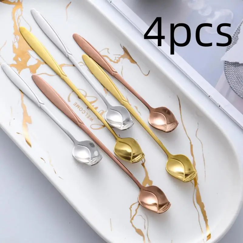 

4pcs Long Handle Teaspoon Stainless Steel Rose Mixing Spoon Nice Teaspoon For Dessert Honey Salad Tea Coffee Stirring Spoon